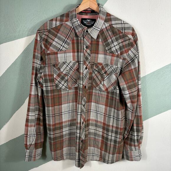 Harley Davidson Mens Long Sleeve Shirt Large Button Up Plaid Pocket Motorcycle - Picture 8 of 9